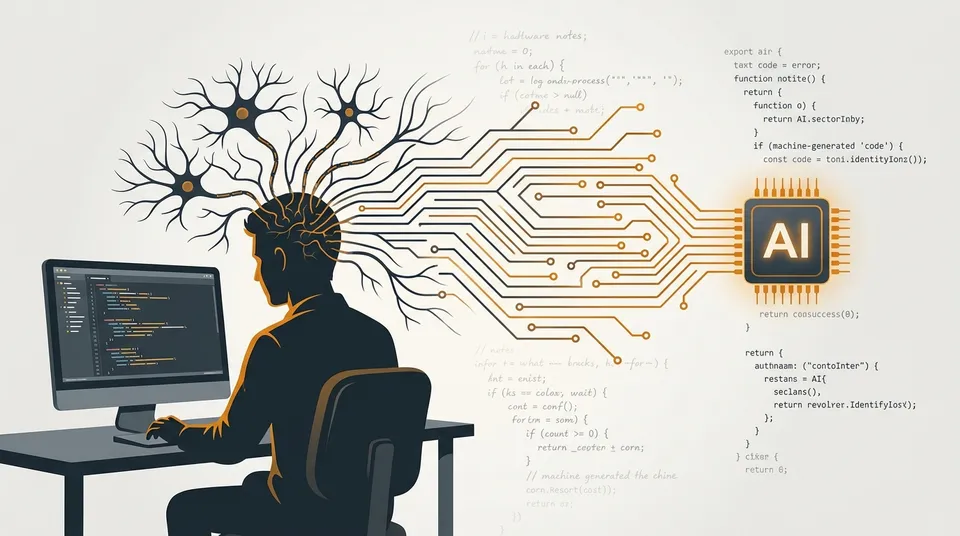 A developer's brain connected to circuit-like AI pathways, with fading handwritten code in the background