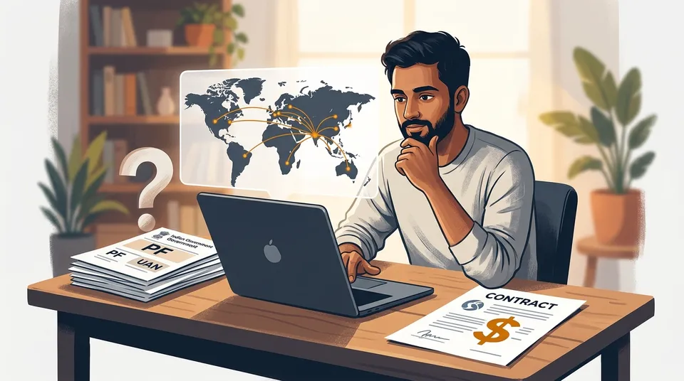 An Indian developer at a desk with a globe, contract papers, and a PF document with a question mark